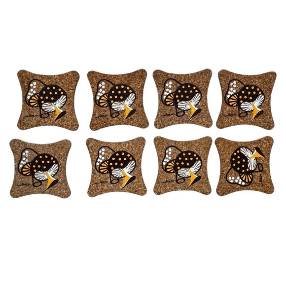 Signed Hand-Painted Cork Drink Coasters Set Of 8 With 70s Mushroom Design - Picture 5 of 5